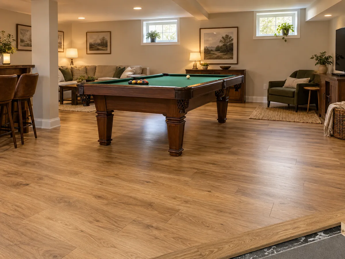 A finished basement rec room in a Staten Island house