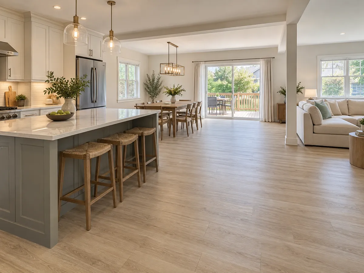 The open-plan kitchen, dining and living area of a Staten Island house