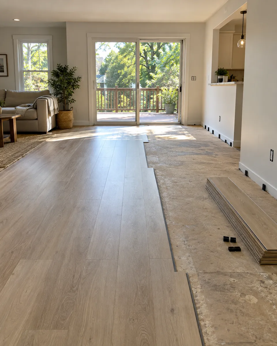 A Staten Island house living room part way through a new plank floor